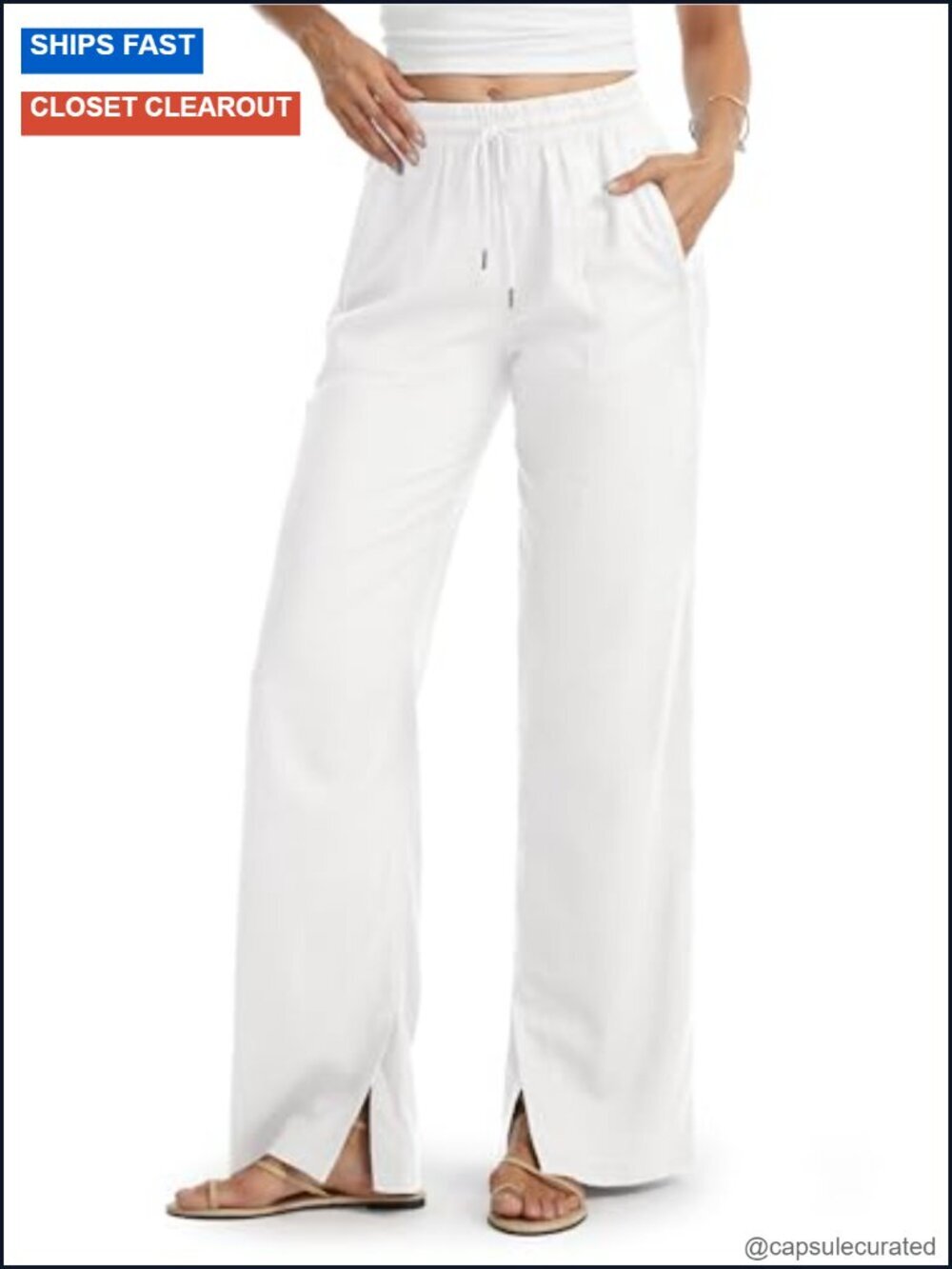 Women's Linen Wide Leg Pants Side Slit Palazzo Lounge with Pockets
